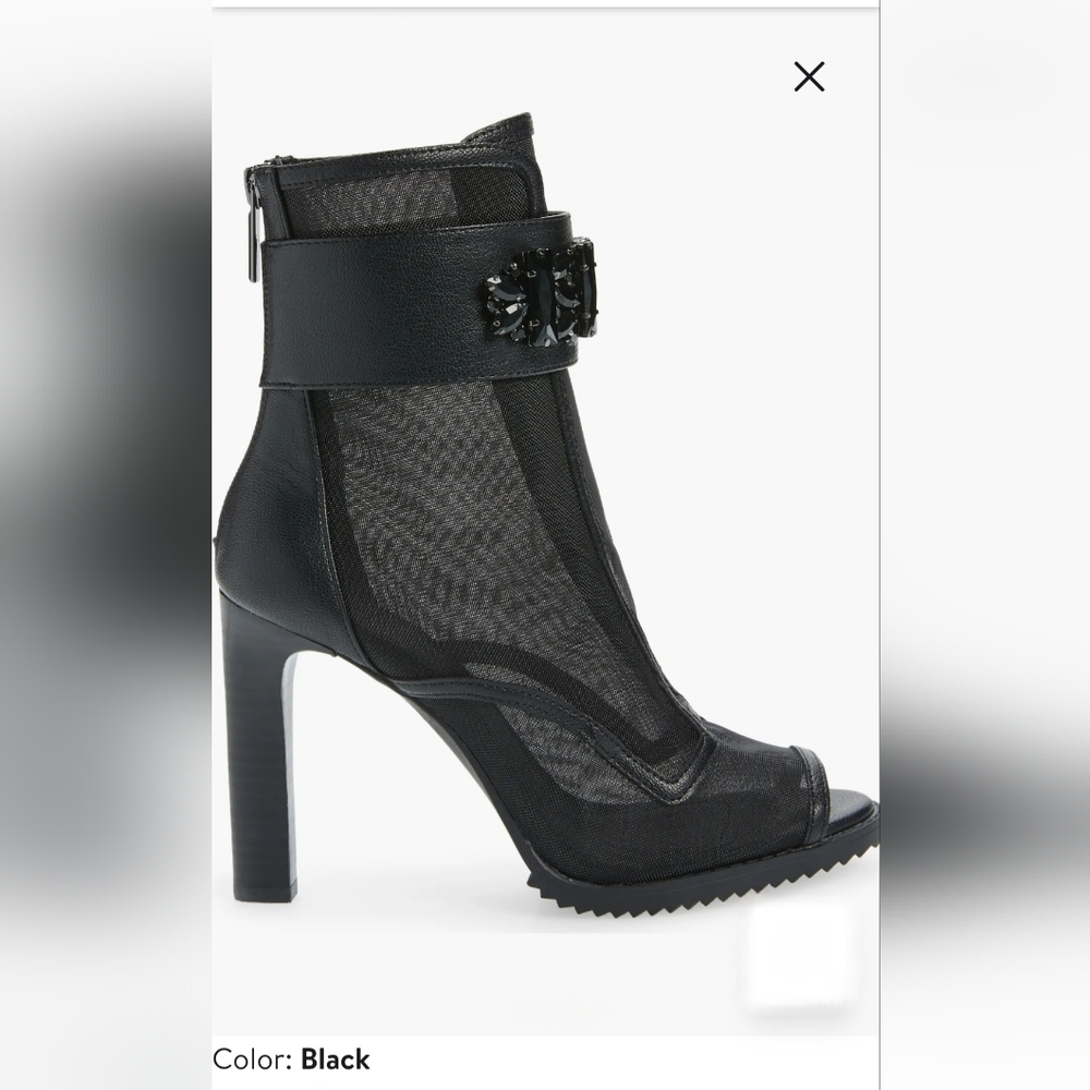 Black Mesh High-Heel Ankle Boot with Embellished Strap